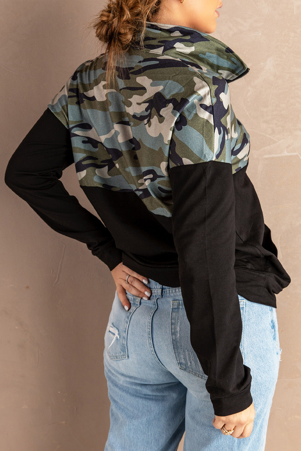 Camouflage Quarter-Zip Drop Shoulder Sweatshirt - SHIRLYN.CO