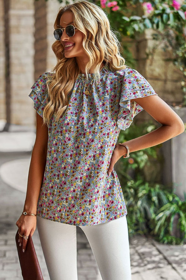 Floral Round Neck Flutter Sleeve Blouse - SHIRLYN.CO