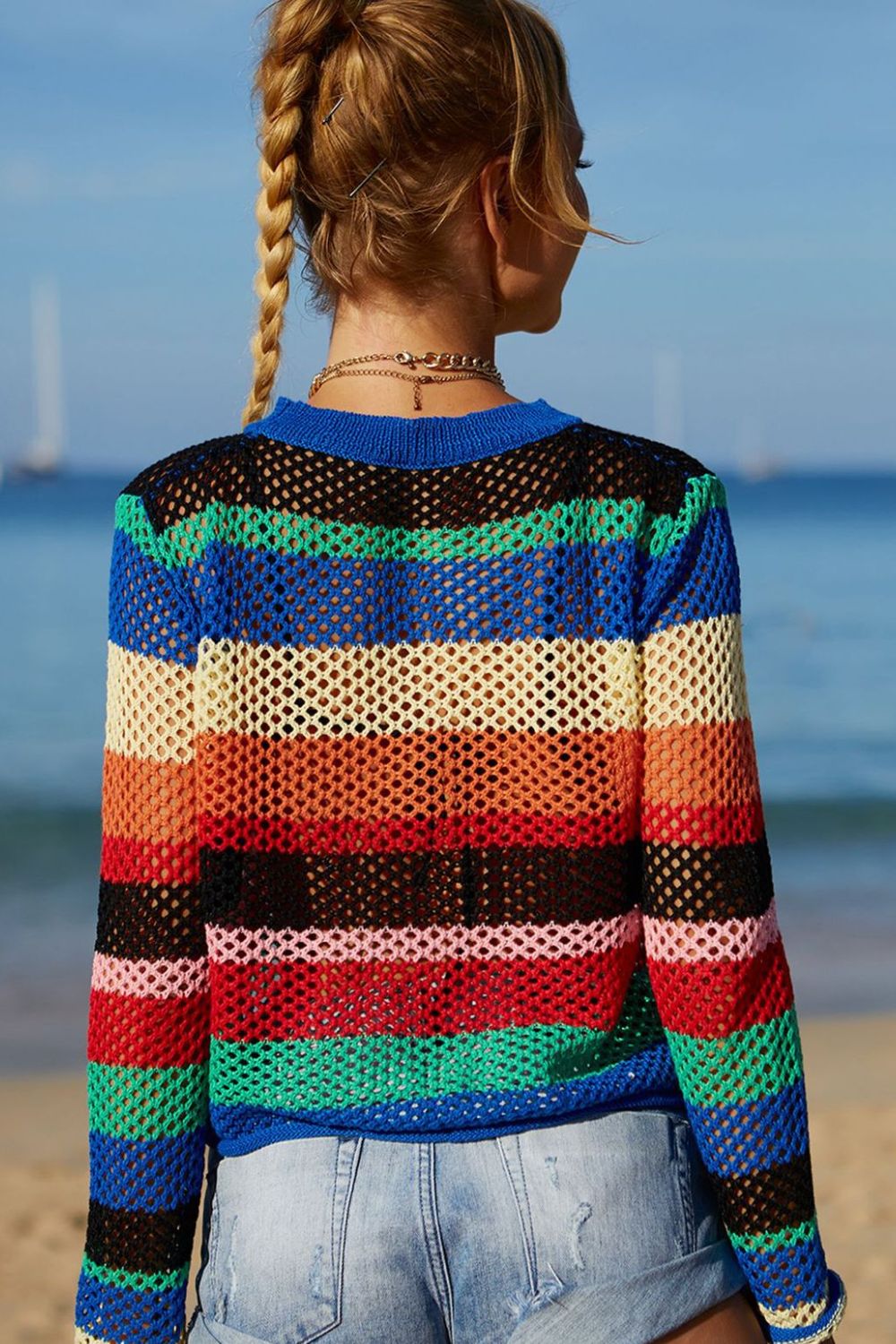 Rainbow Stripe Openwork Long Sleeve Cover-Up - SHIRLYN.CO