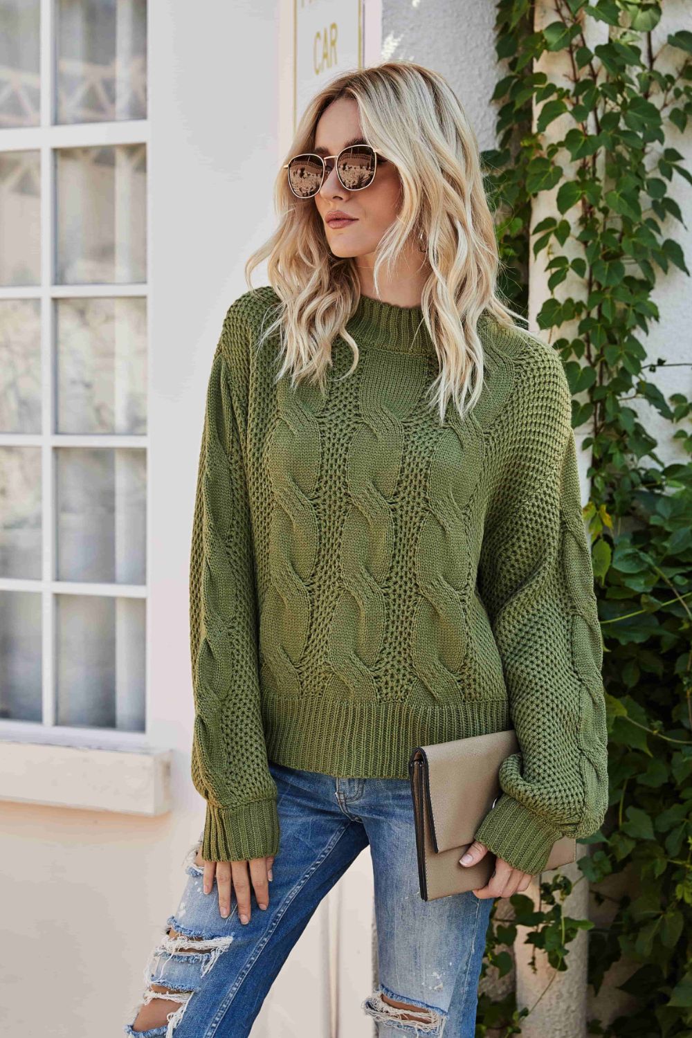 Mixed Knit Crewneck Drop Shoulder Sweater