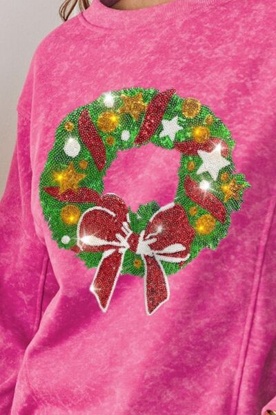 Wreath Sequin Round Neck Long Sleeve Sweatshirt