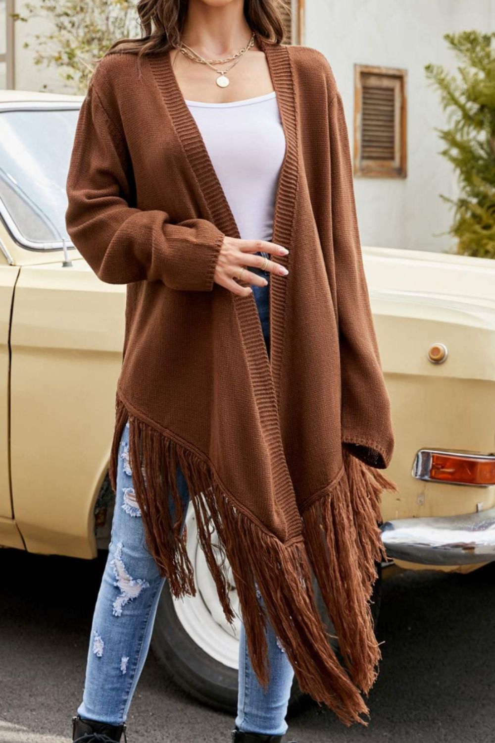 Fringe Hem Open Front Ribbed Trim Cardigan - SHIRLYN.CO