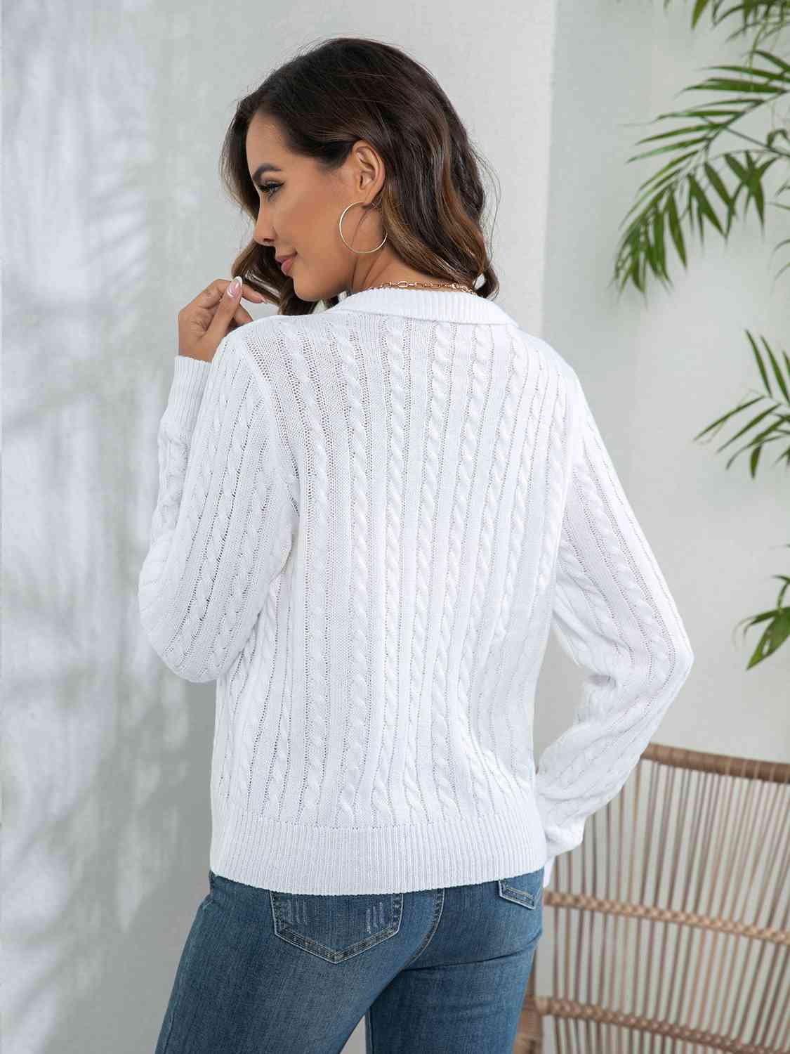 Johnny Collar Cable-Knit Long Sleeve Sweater