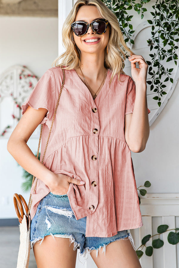 Button Down V-Neck Short Sleeve Shirt - SHIRLYN.CO