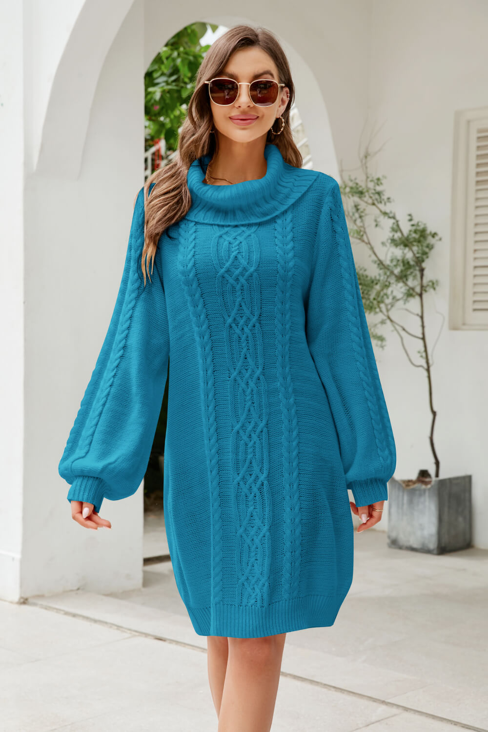 Mixed Knit Turtleneck Lantern Sleeve Sweater Dress