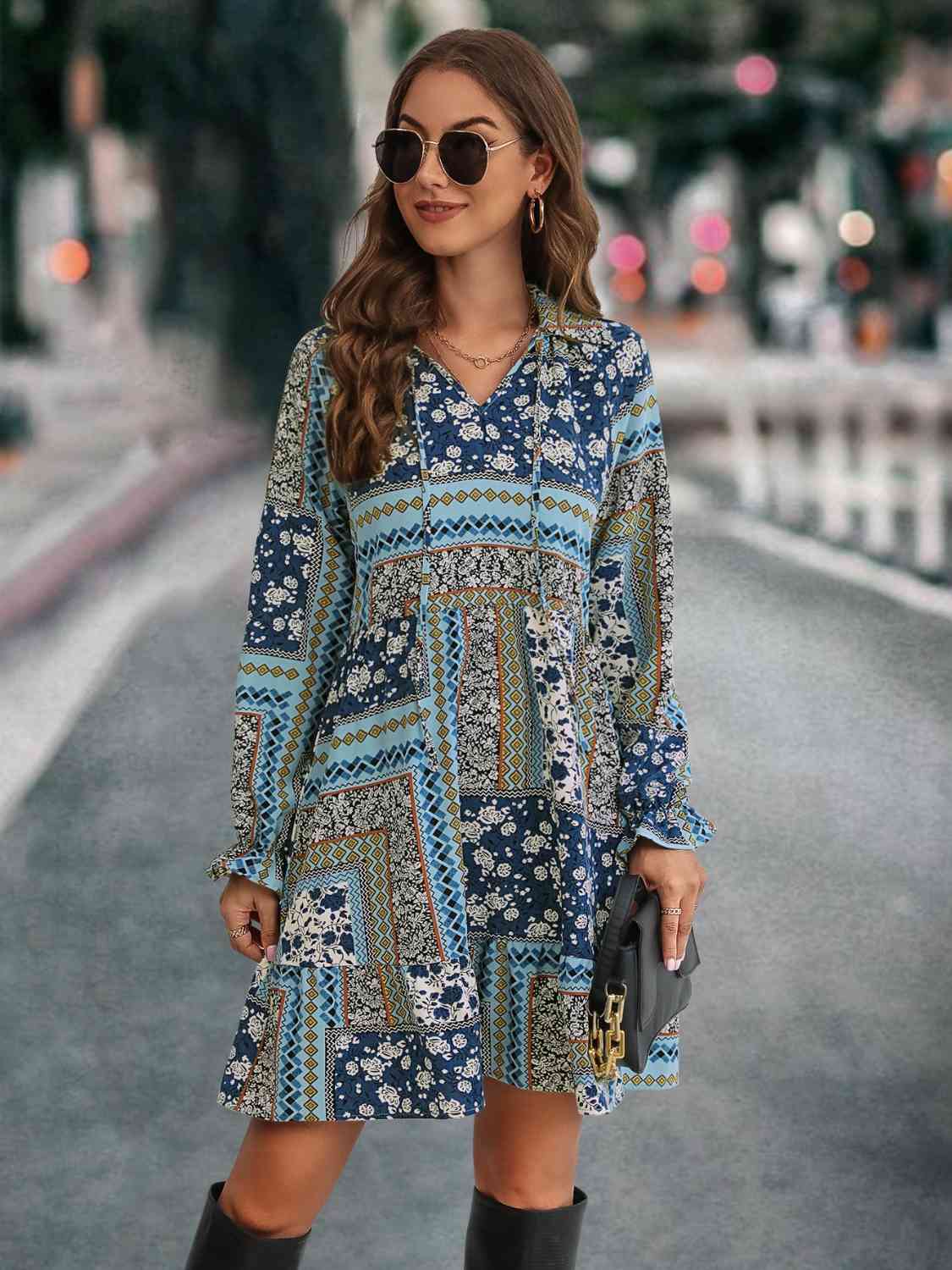 Printed Tie Front Flounce Sleeve Dress