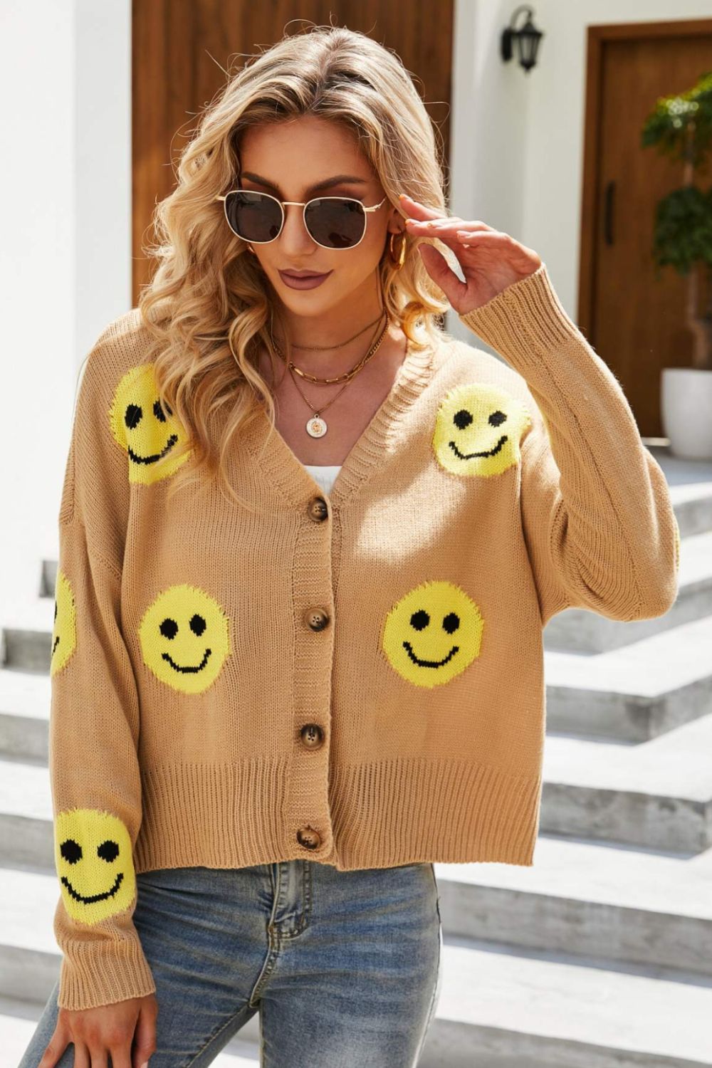 Smiley Face Ribbed Trim V-Neck Cardigan - SHIRLYN.CO