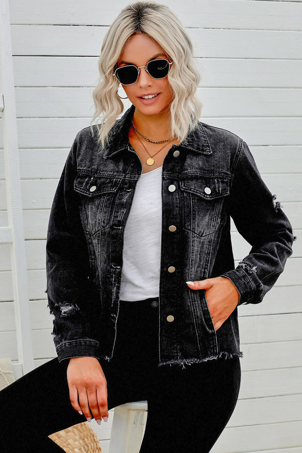 Distressed Raw Hem Denim Jacket - SHIRLYN.CO