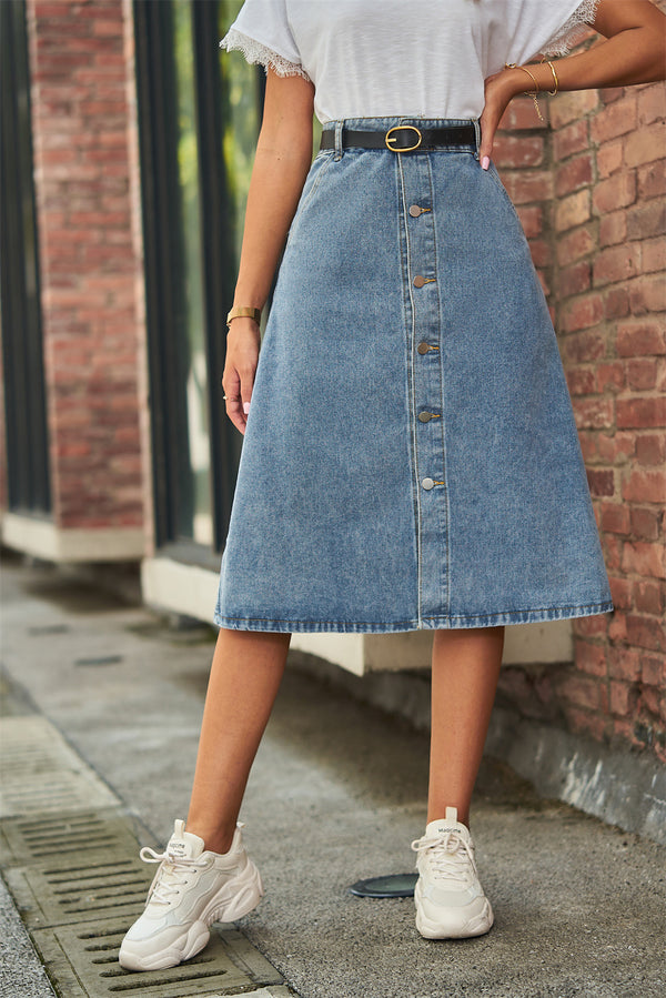 Button Front A-Line Denim Skirt - SHIRLYN.CO