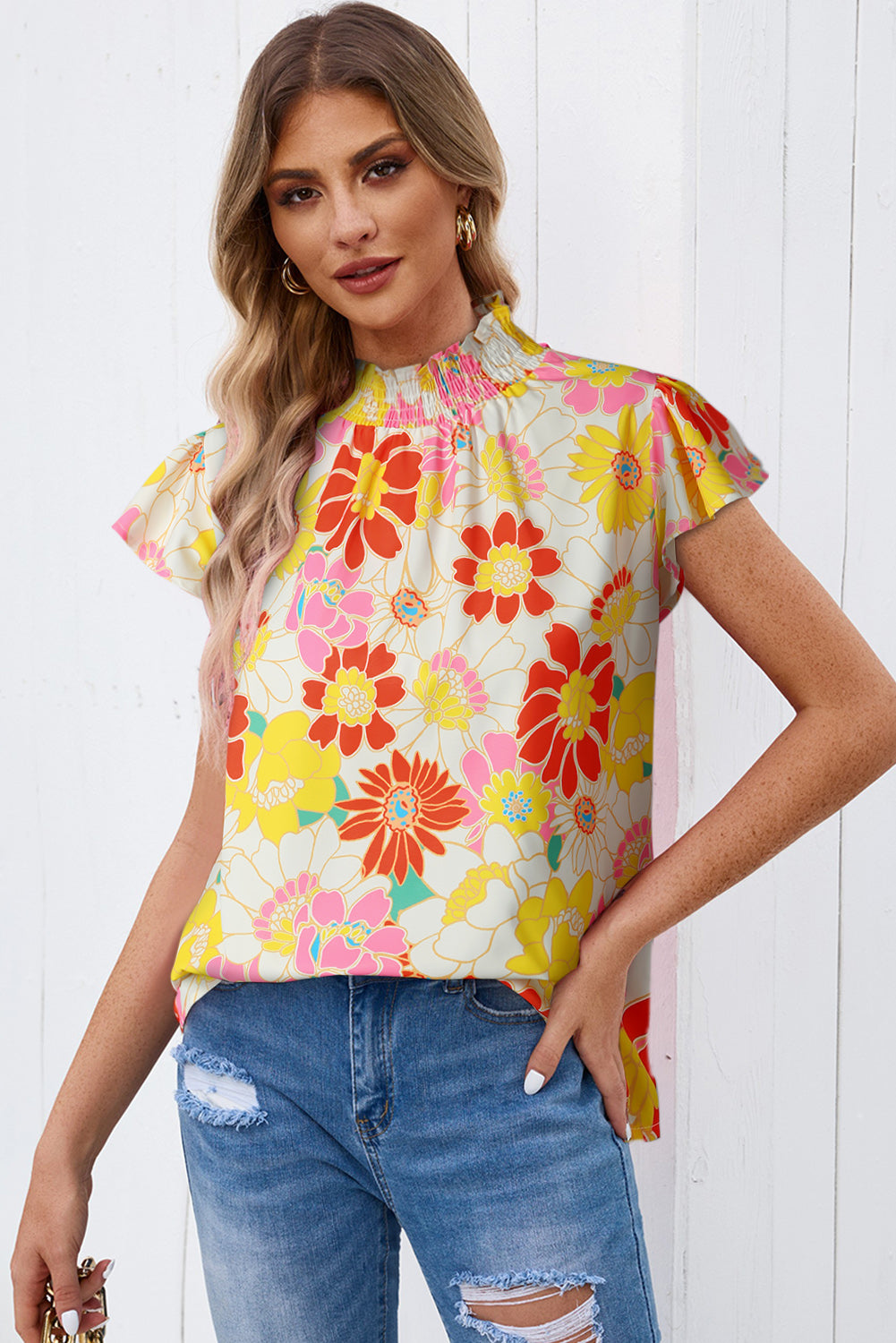 Floral Frill Neck Smocked Flutter Sleeve Blouse - SHIRLYN.CO