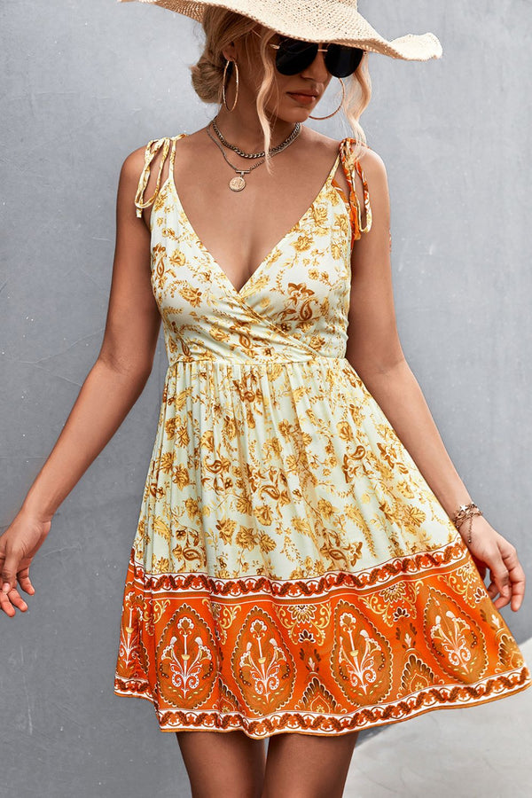 Bohemian Tie Shoulder Surplice Backless Dress - SHIRLYN.CO