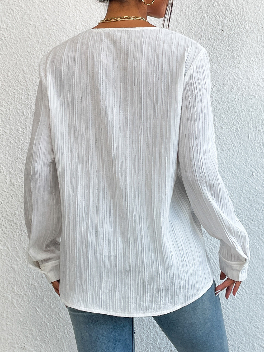 Lace Trim V-Neck Long Sleeve Shirt - SHIRLYN.CO