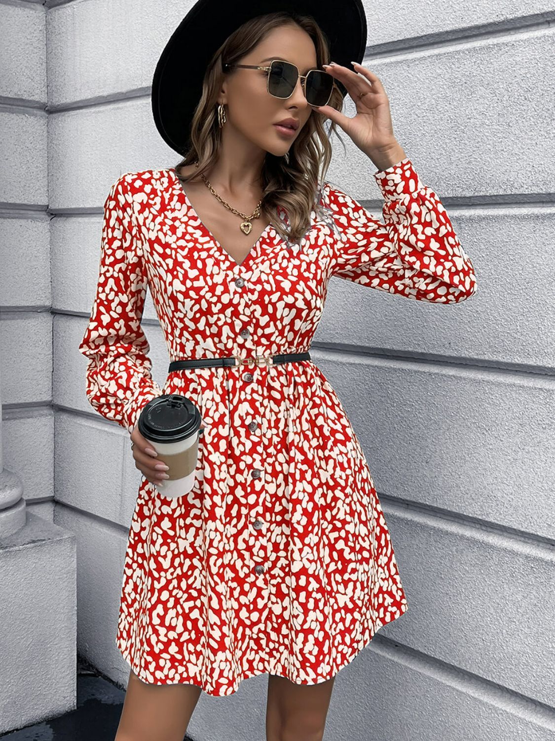 Animal Print Buttoned V-Neck Long Sleeve Dress - SHIRLYN.CO