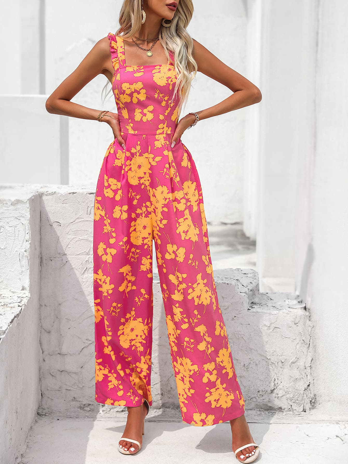 Shirlyn Luxe - Floral Square Neck Cutout Tie Back Jumpsuit - SHIRLYN.CO