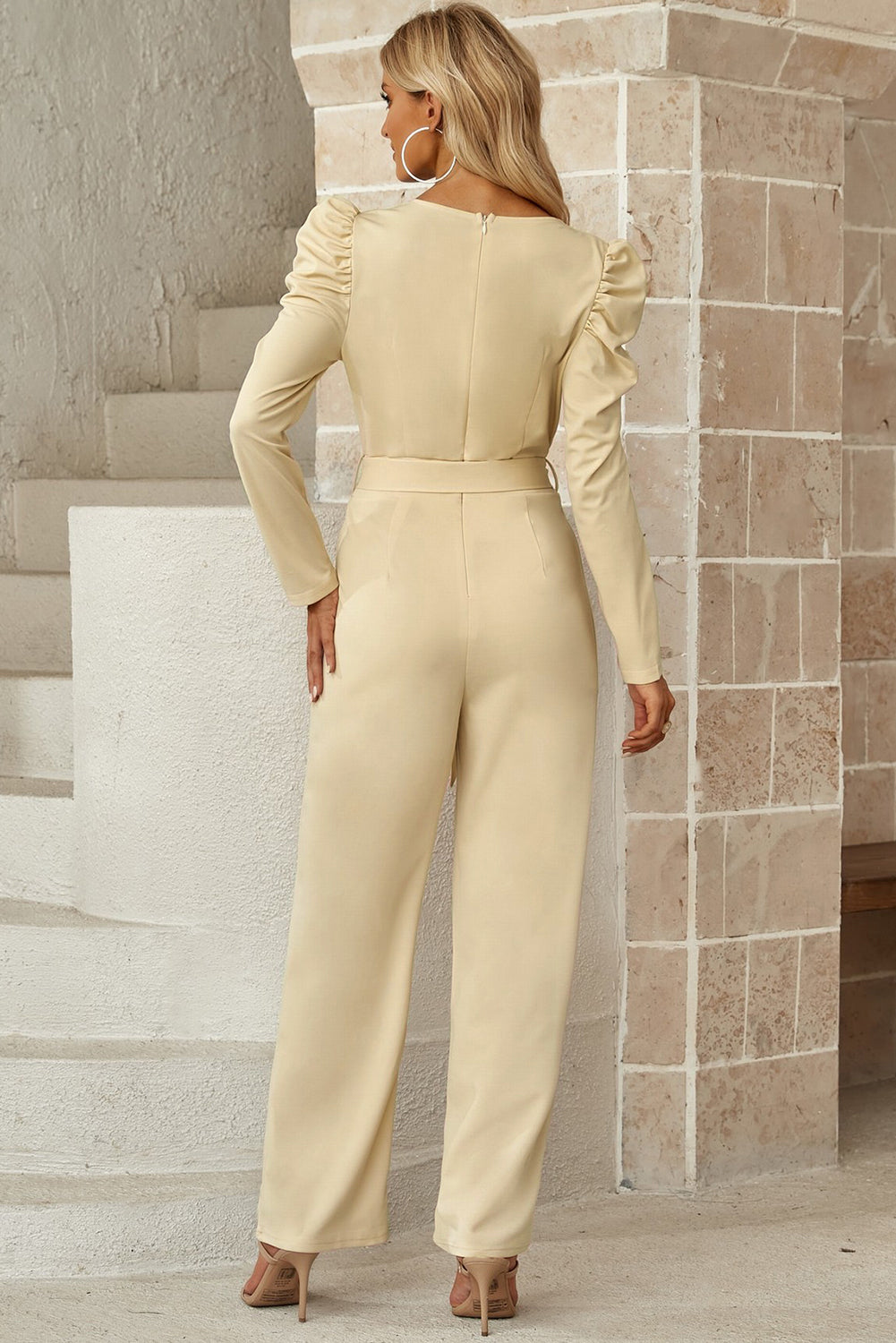 Belted Long Puff Sleeve V-Neck Jumpsuit - SHIRLYN.CO