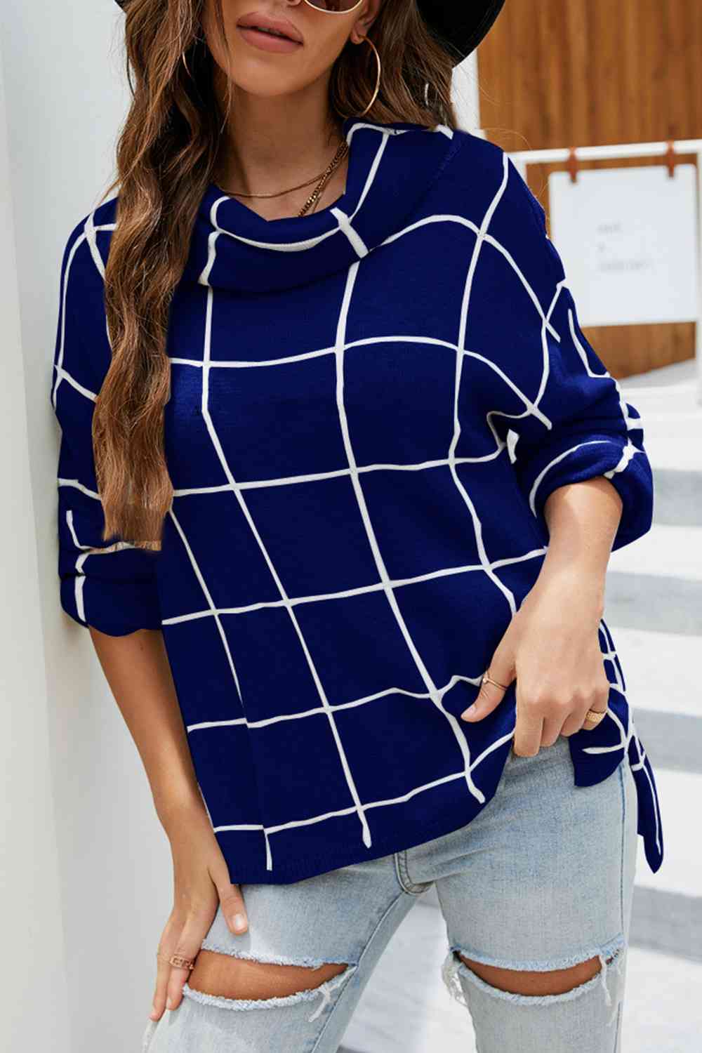 Plaid Turtleneck Drop Shoulder Sweater