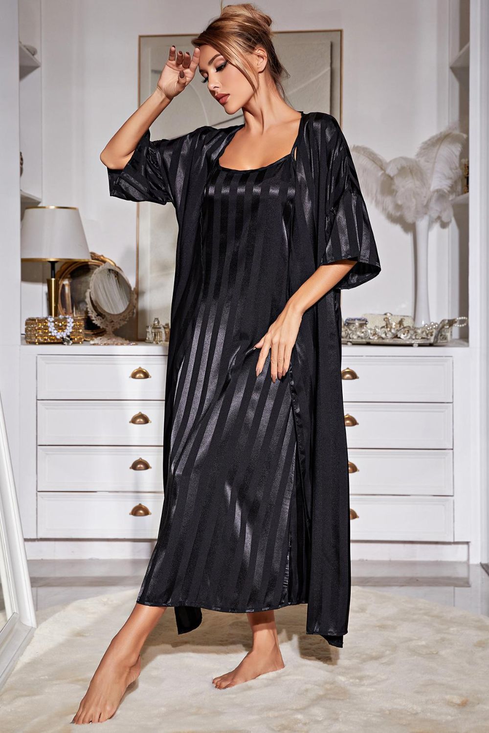 Striped Flounce Sleeve Open Front Robe and Cami Dress Set - SHIRLYN.CO