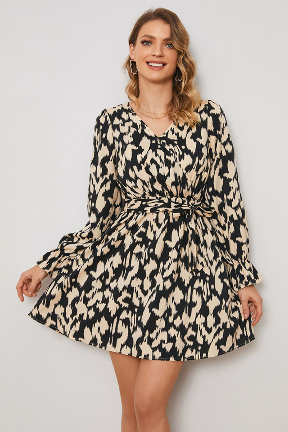 Animal Print Surplice Neck Long Flounce Sleeve Dress - SHIRLYN.CO