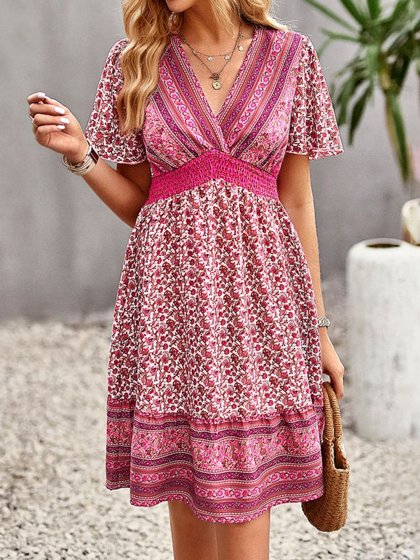 Floral Print Bohemian Style V-Neck Flutter Sleeve Dress - SHIRLYN.CO