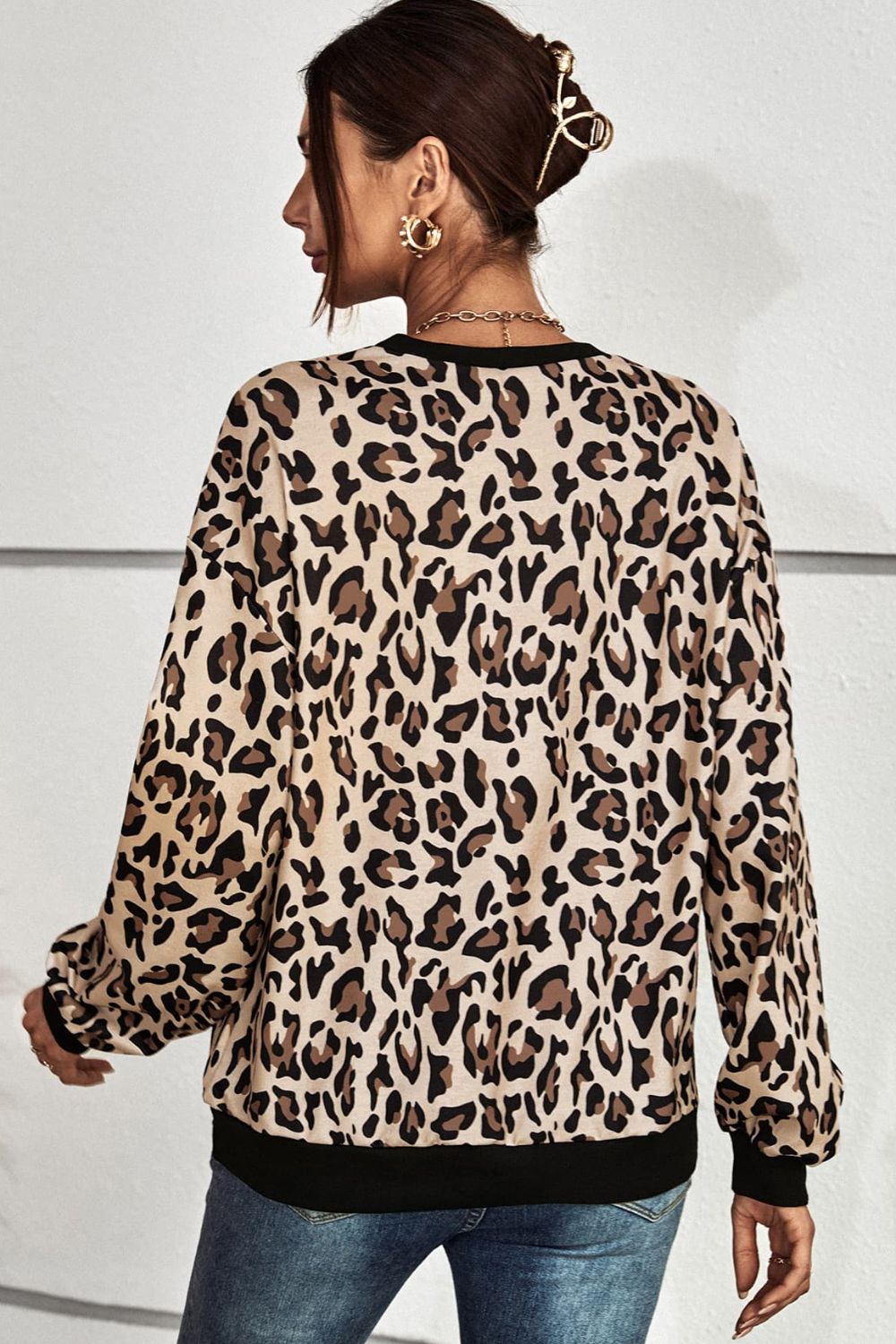 Leopard Round Neck Dropped Shoulder Sweatshirt - SHIRLYN.CO