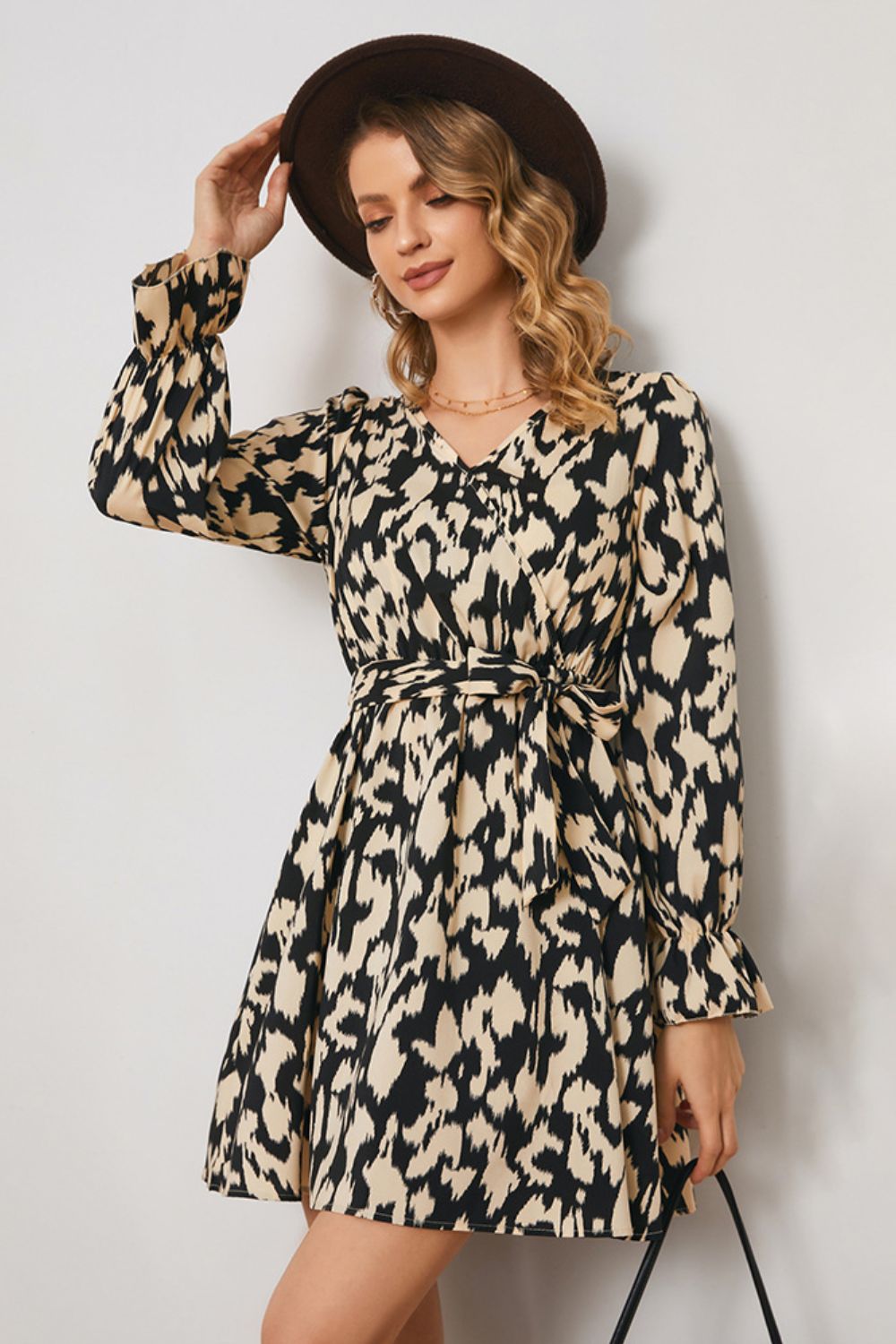 Animal Print Surplice Neck Long Flounce Sleeve Dress - SHIRLYN.CO