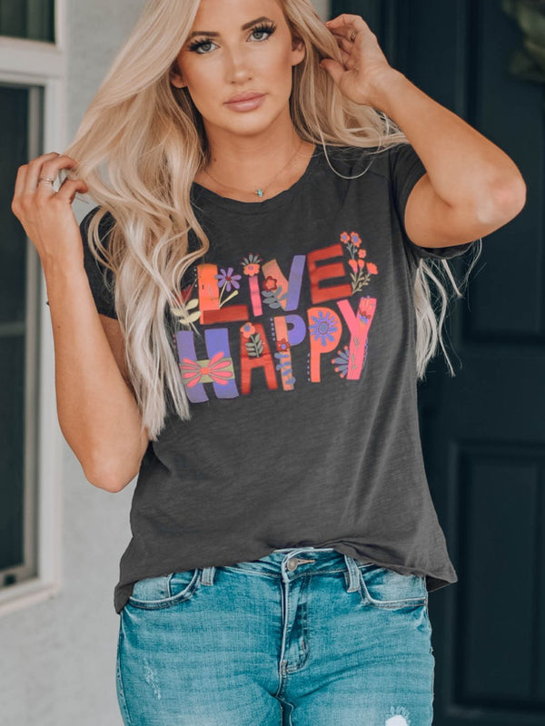 LIVE HAPPY Floral Graphic Tee - SHIRLYN.CO
