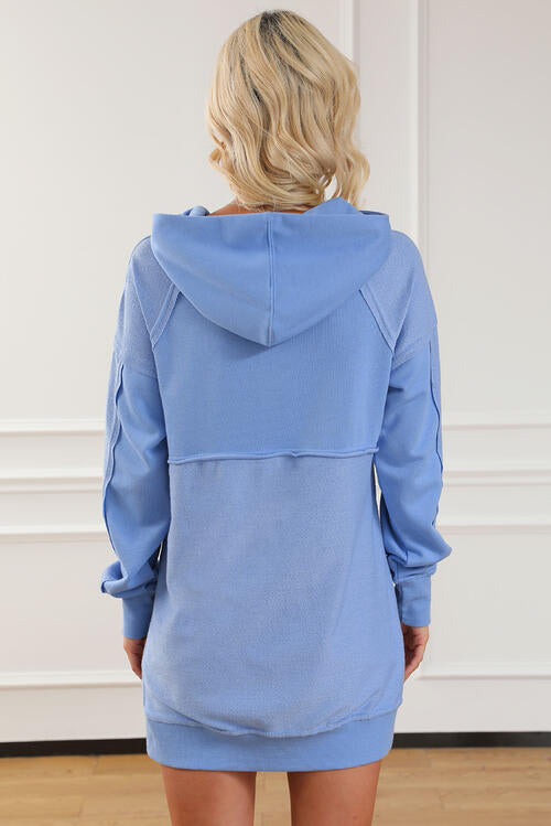 Exposed Seam Long Sleeve Slit Hoodie with Pocket