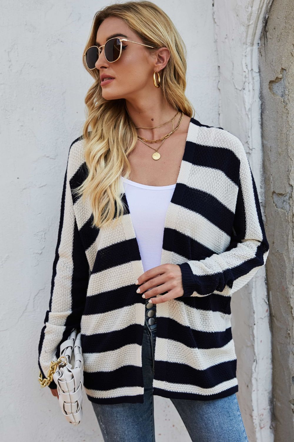 Striped Dolman Sleeve Open Front Cardigan - SHIRLYN.CO