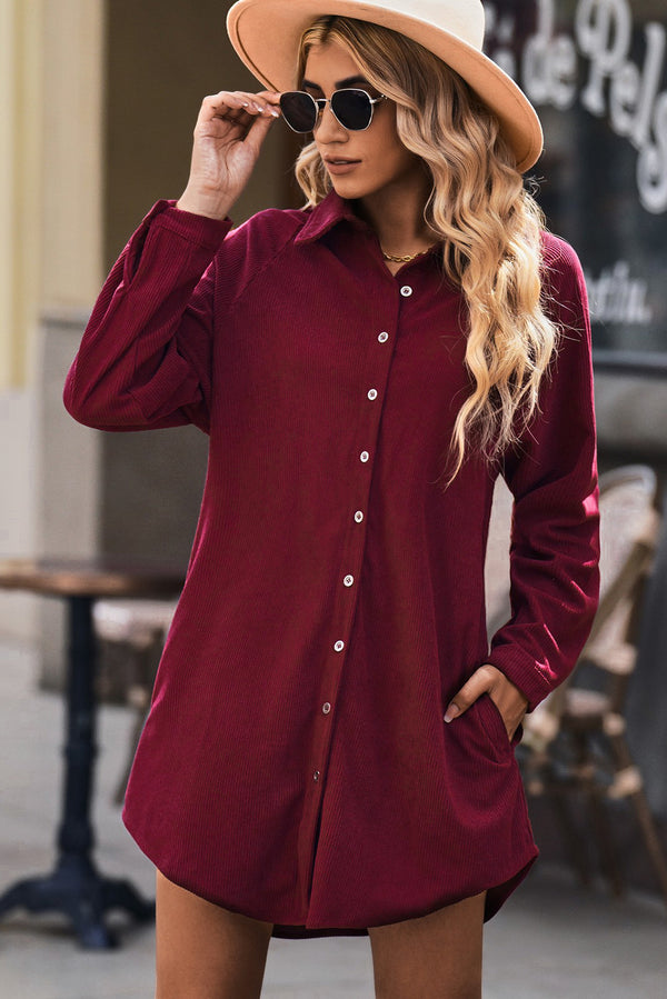 Button Front Curved Hem Raglan Sleeve Shirt Dress - SHIRLYN.CO