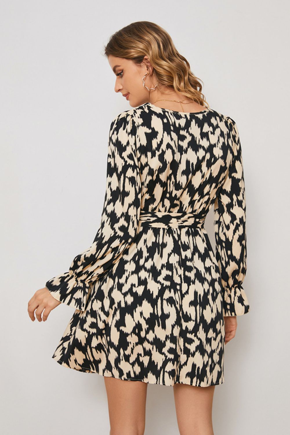 Animal Print Surplice Neck Long Flounce Sleeve Dress - SHIRLYN.CO