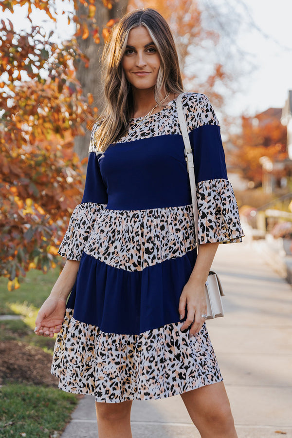 Animal Print Color Block Flare Sleeve Dress - SHIRLYN.CO