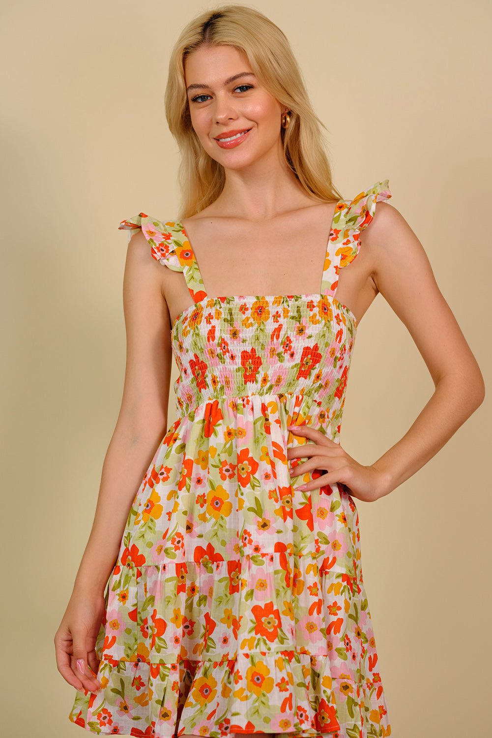 Floral Smocked Square Neck Mini Dress - SHIRLYN.CO