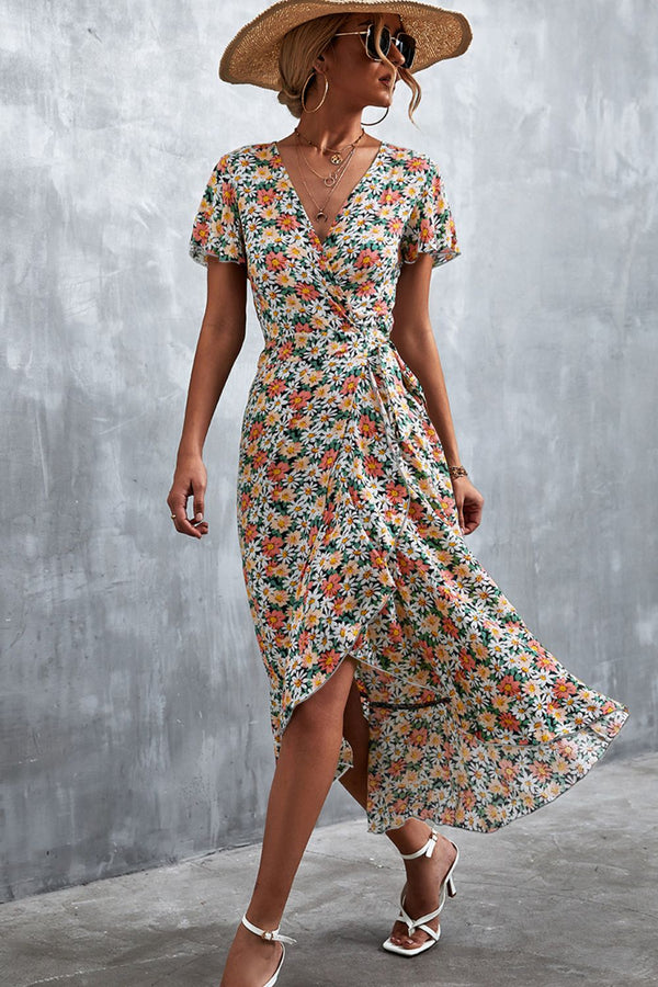 Floral Surplice Neck Tied Midi Dress - SHIRLYN.CO