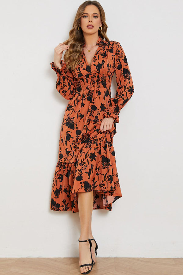 Floral Smocked Long Flounce Sleeve Dress - SHIRLYN.CO