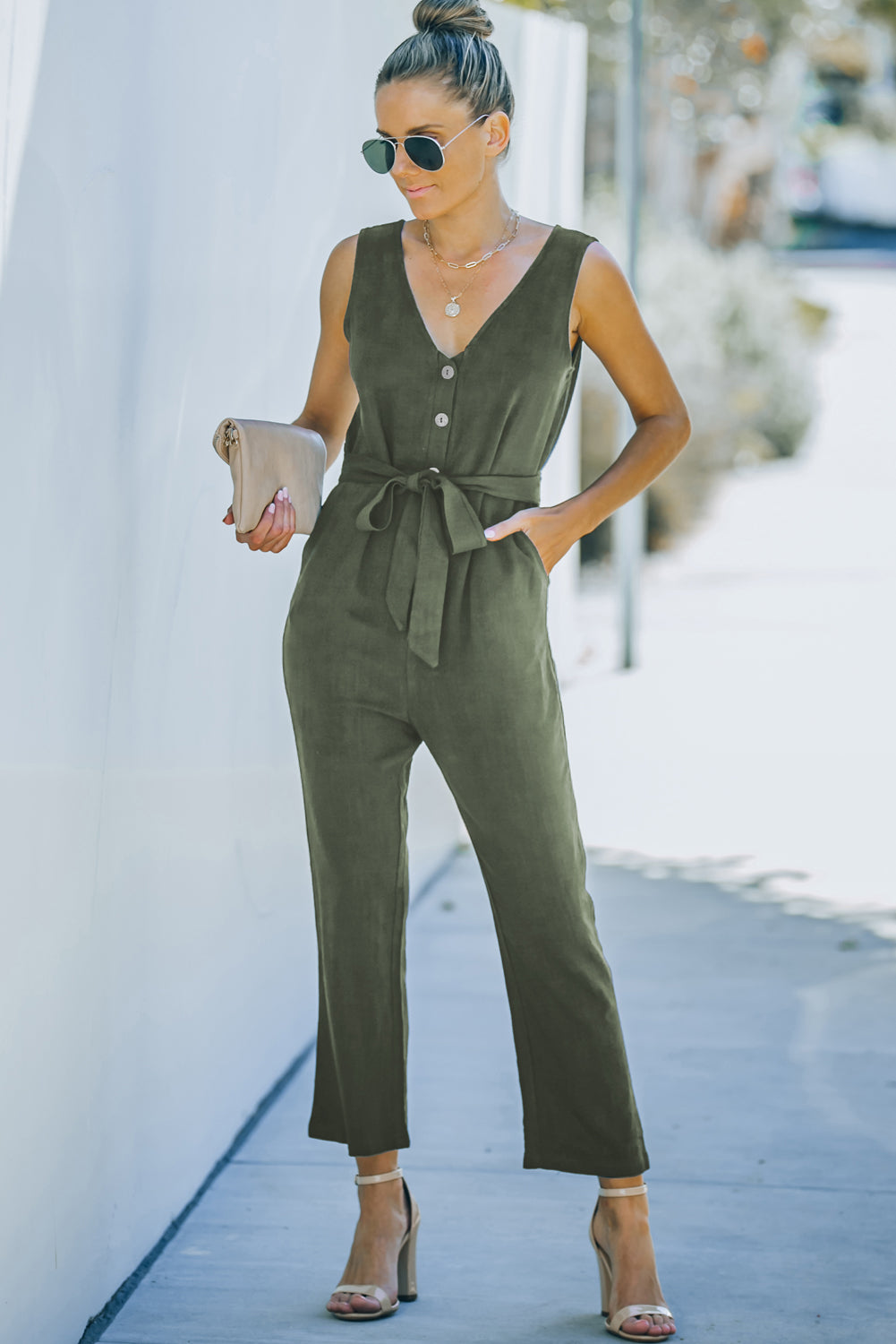 Belted V-Neck Sleeveless Jumpsuit with Pockets - SHIRLYN.CO