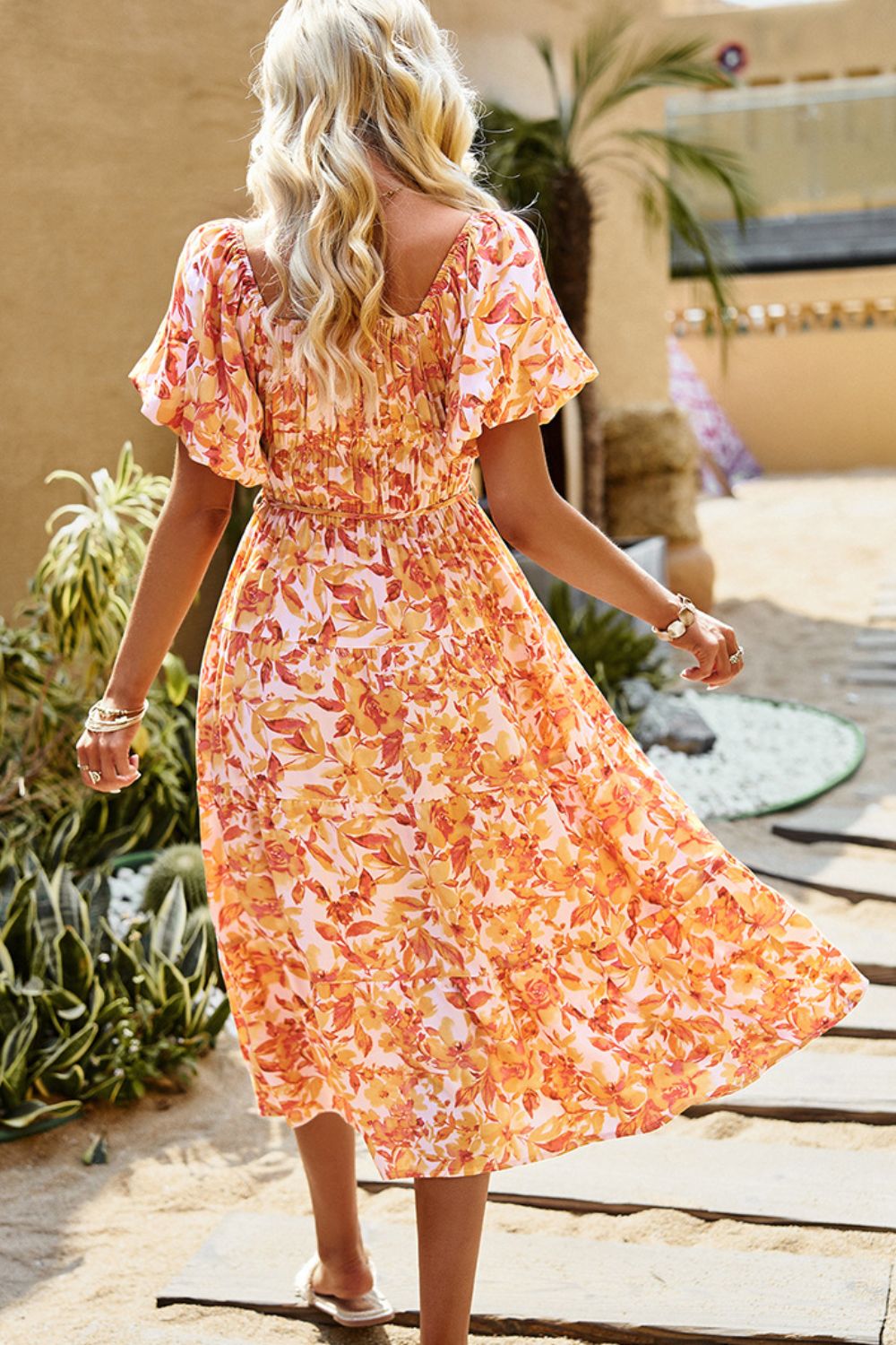 Floral Square Neck Tiered Midi Dress - SHIRLYN.CO