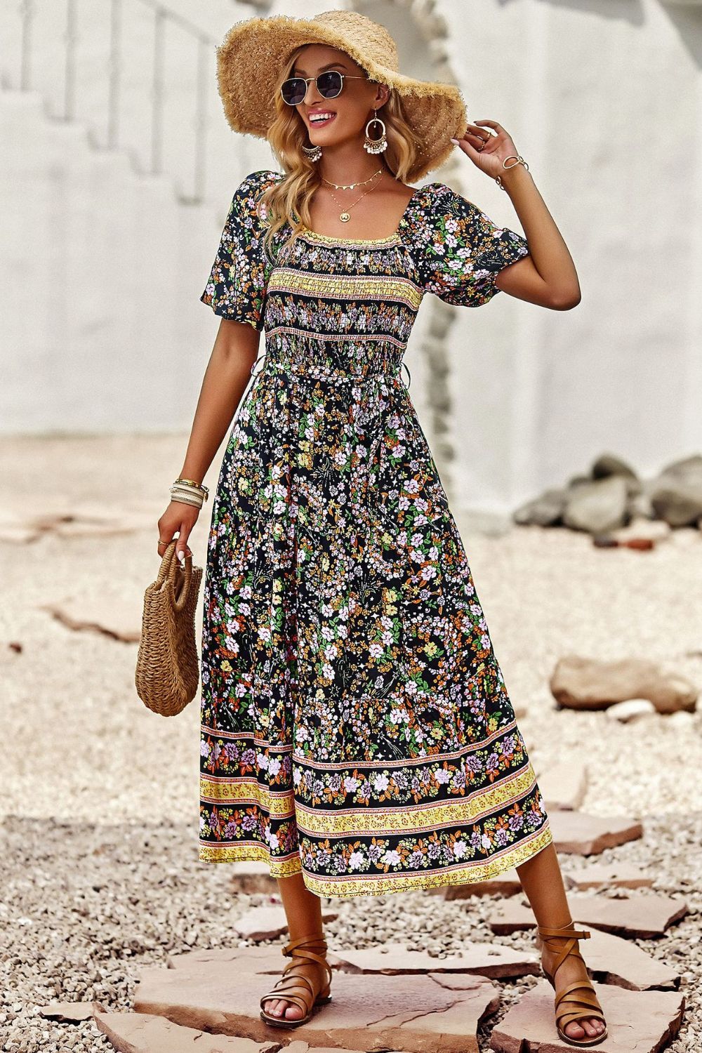 Bohemian Square Neck Short Sleeve Midi Dress - SHIRLYN.CO