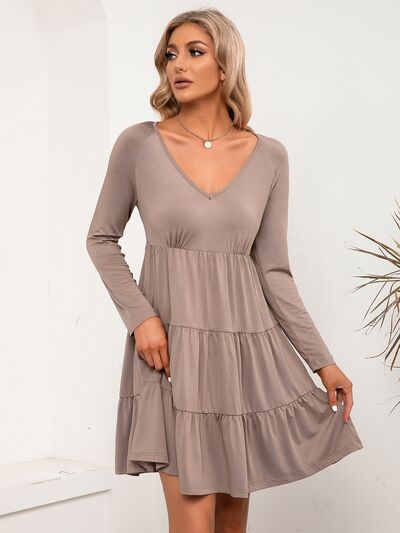 V-Neck Long Sleeve Tiered Dress