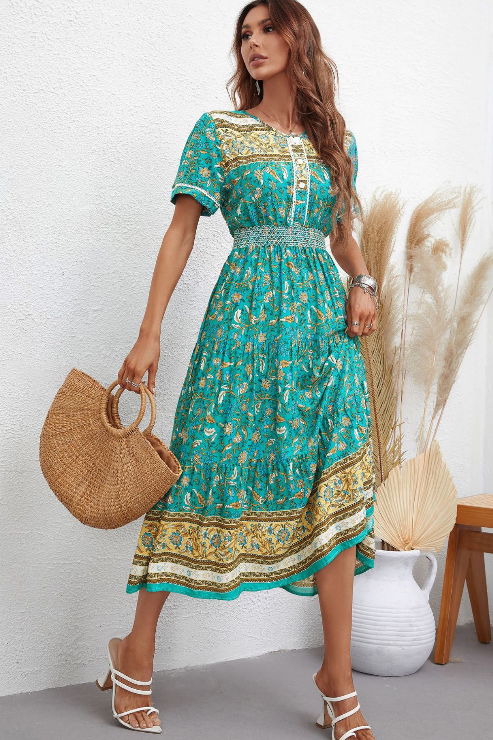 Bohemian Short Sleeve Midi Dress - SHIRLYN.CO