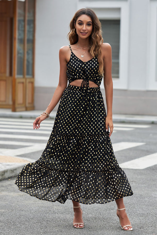 Polka Dot Cutout Spaghetti Strap Tiered Maxi Dress - SHIRLYN.CO