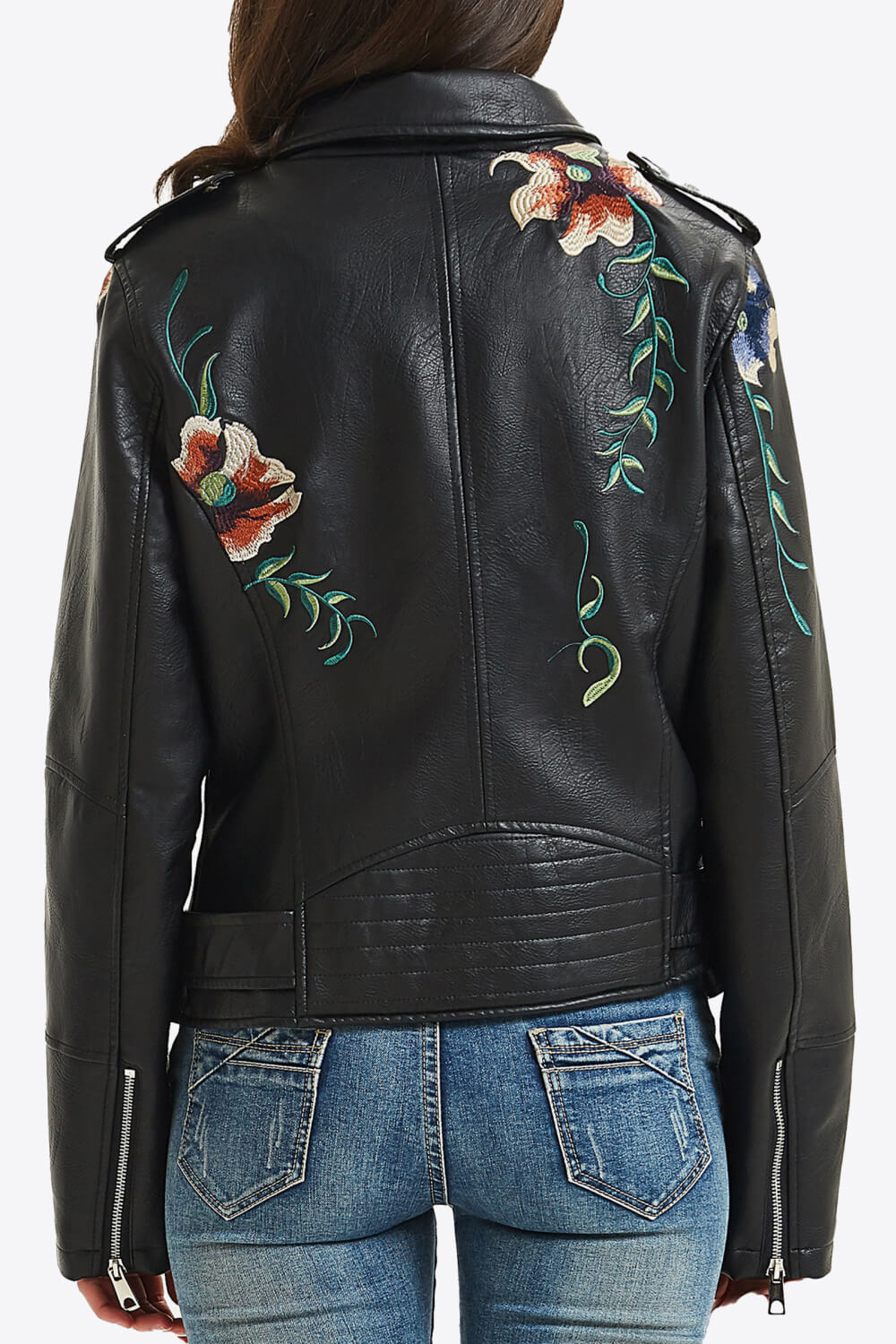 Embroidered Zip Up PU Leather Jacket - SHIRLYN.CO