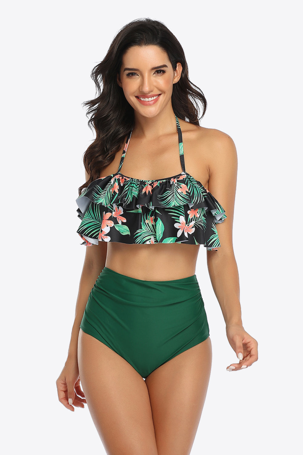 Two-Tone Ruffled Halter Neck Two-Piece Swimsuit - SHIRLYN.CO