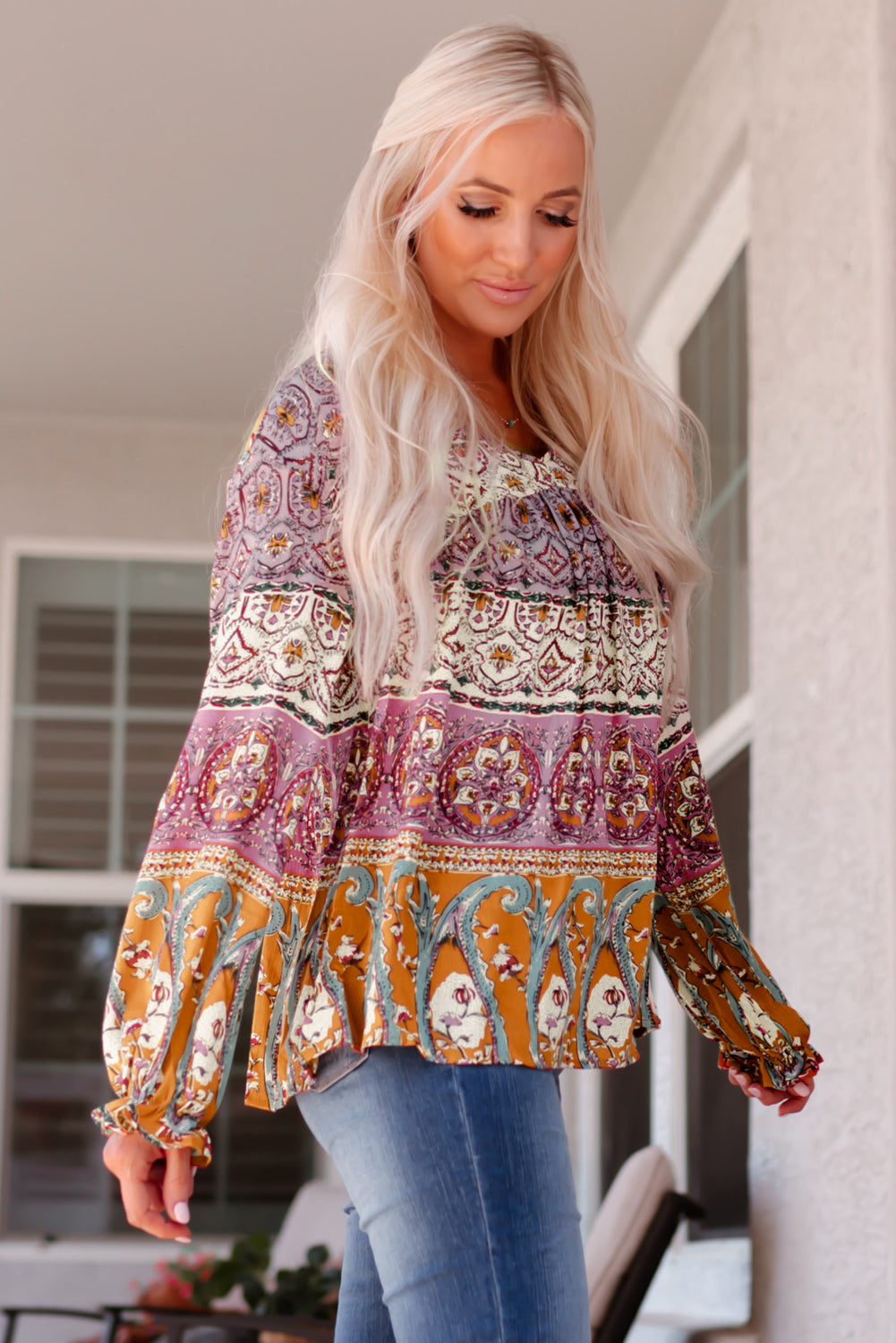 Bohemian Long Flounce Sleeve V-Neck Blouse - SHIRLYN.CO