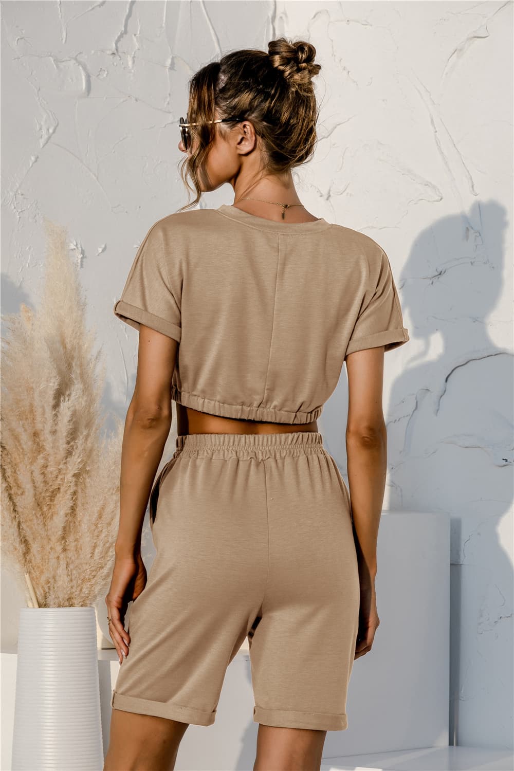 Short Sleeve Cropped Top and Drawstring Shorts Lounge Set - SHIRLYN.CO