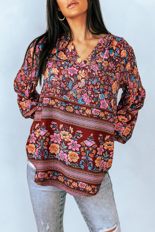 Bohemian Balloon Sleeve Notched Neck Blouse - SHIRLYN.CO