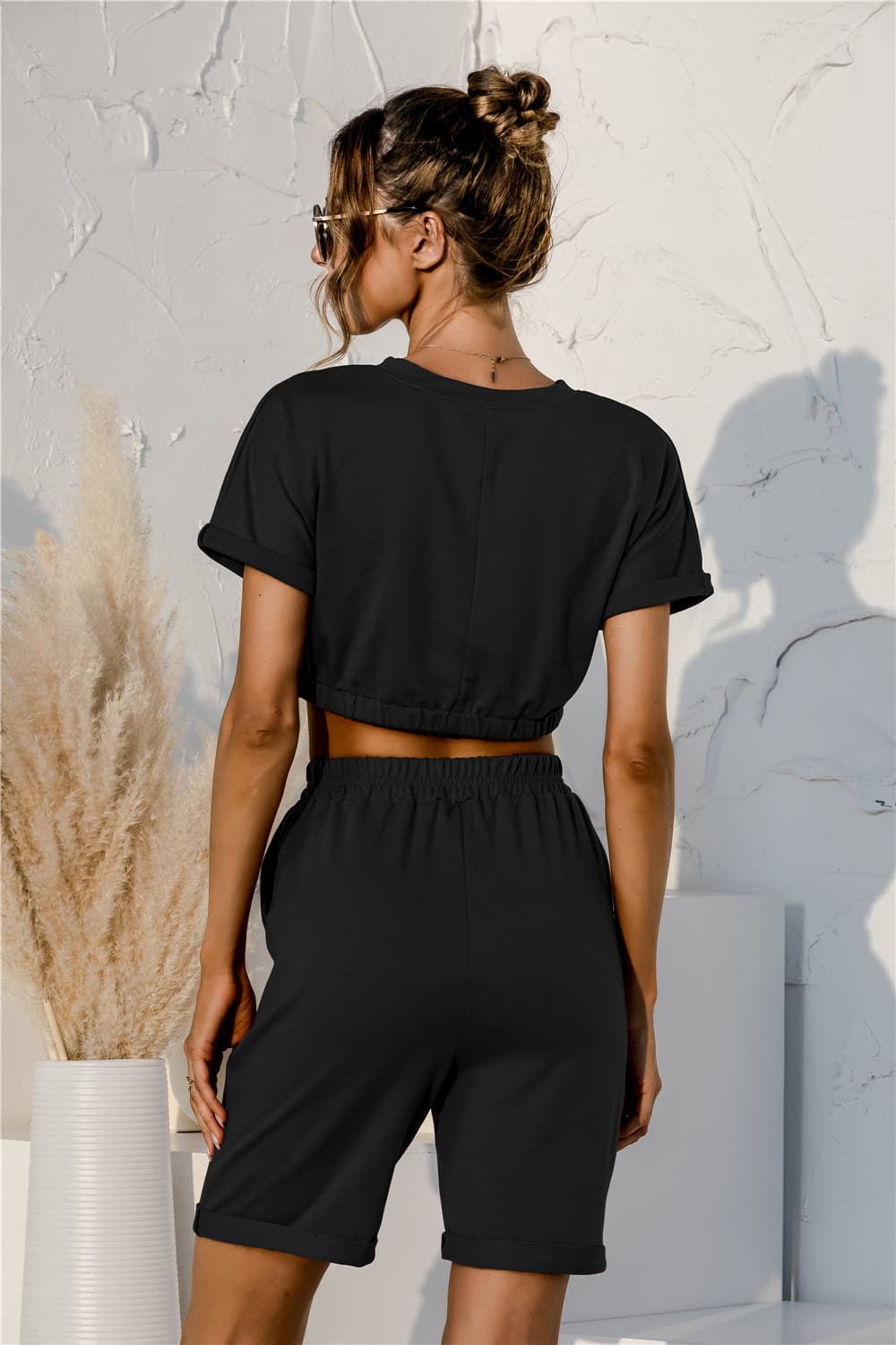 Short Sleeve Cropped Top and Drawstring Shorts Lounge Set - SHIRLYN.CO