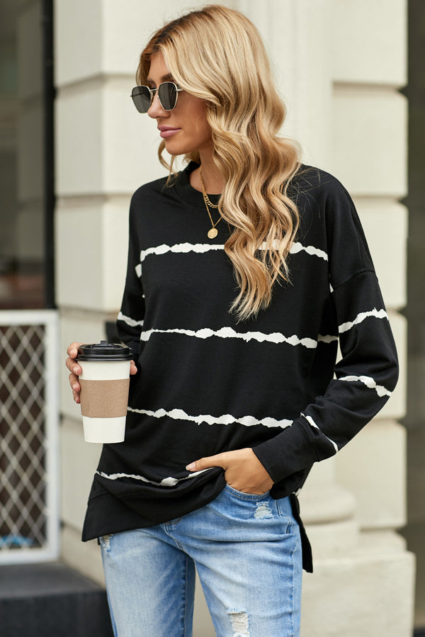 Striped Side Slit Round Neck Sweatshirt - SHIRLYN.CO