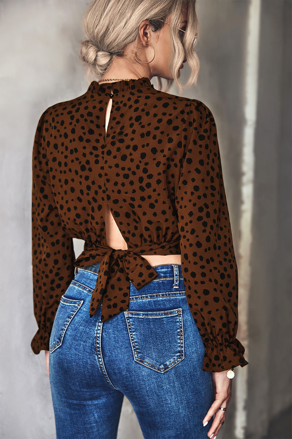 Animal Print Tie-Back Cropped Blouse - SHIRLYN.CO