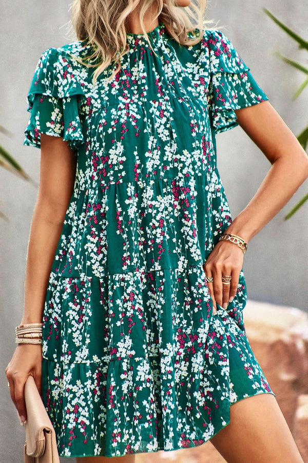 Floral Layered Flutter Sleeve Dress - SHIRLYN.CO