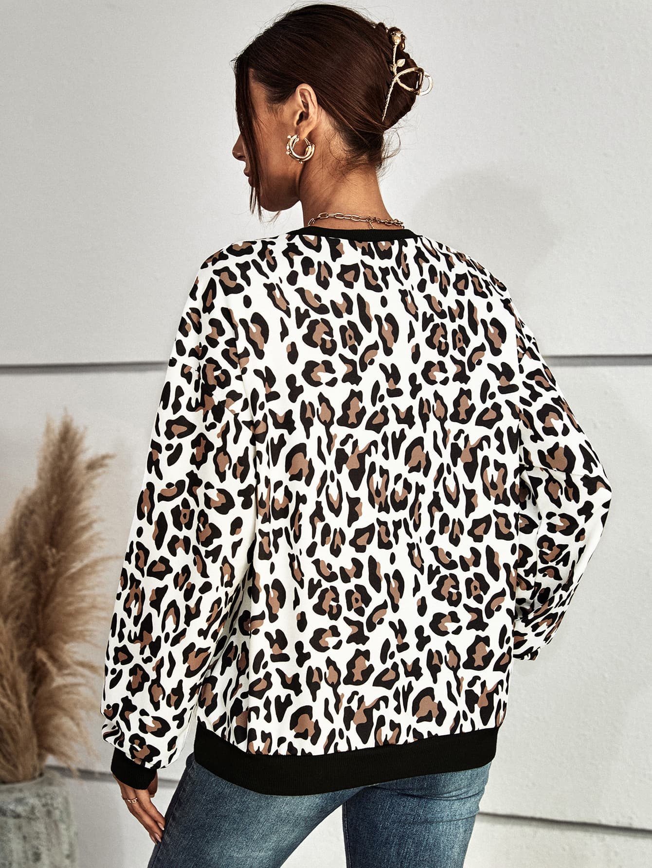 Leopard Round Neck Dropped Shoulder Sweatshirt - SHIRLYN.CO